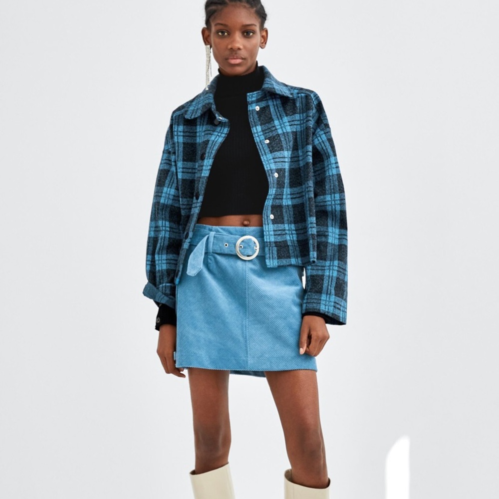 ZARA Trafaluc Jacket Blue Checked Snap Buttons NWT